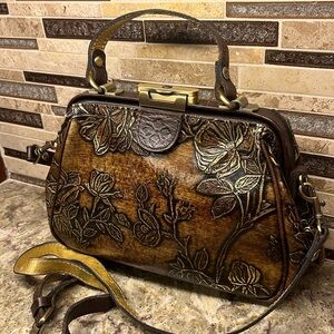 - Patricia Nash Crossbody Metallic Leather Bag with Embossed Floral Detail